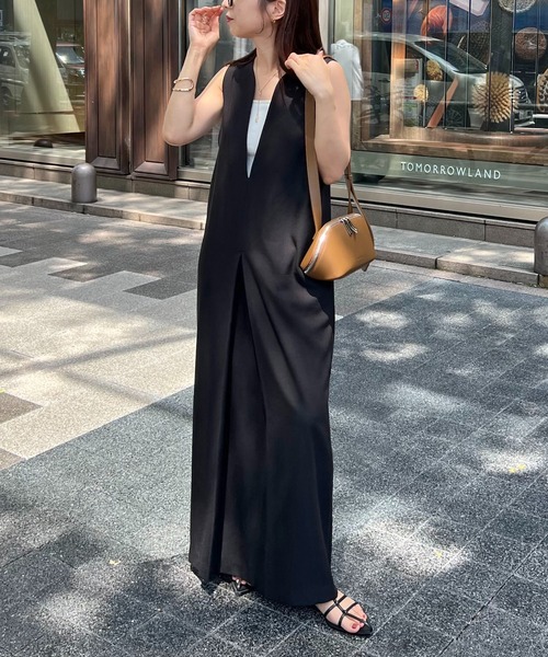 ワンピース 「低身長・高身長サイズあり」スリットネックワンピース  