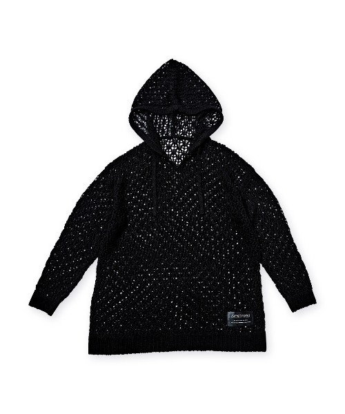 ニット セーター Loose mesh knit hoodie レディース
