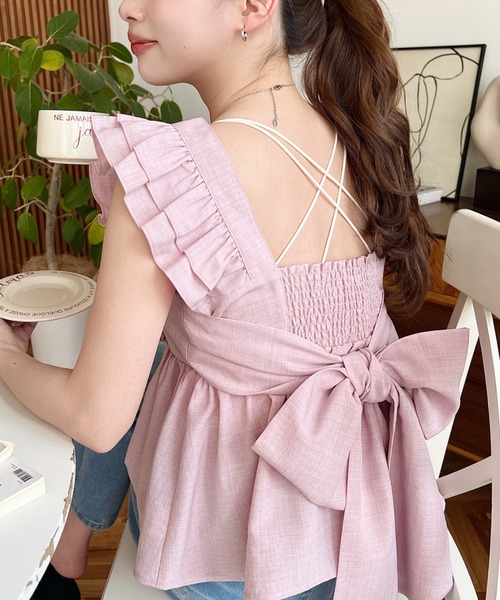 moment+ キャミソール エステルスラブダブルフリルバックリボンキャミ