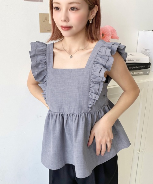 moment+ キャミソール エステルスラブダブルフリルバックリボンキャミ