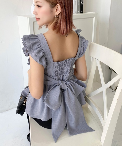 moment+ キャミソール エステルスラブダブルフリルバックリボンキャミ