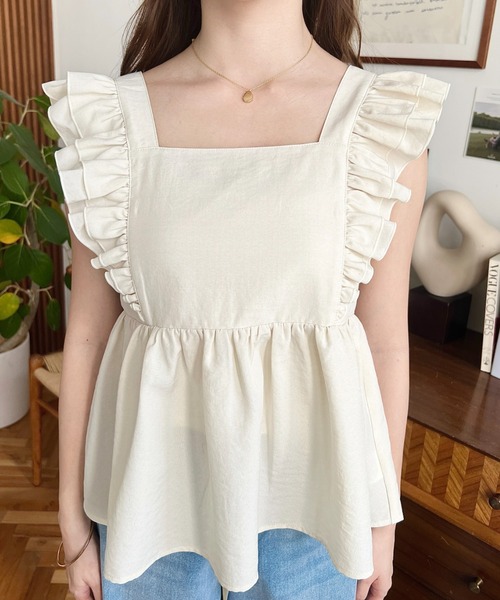 moment+ キャミソール エステルスラブダブルフリルバックリボンキャミ