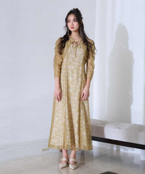 PourVous（プールヴー） ドレス ミモレ丈＆袖ありフォーマルラメレース