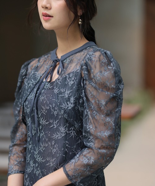 PourVous（プールヴー） ドレス ミモレ丈＆袖ありフォーマルラメレース