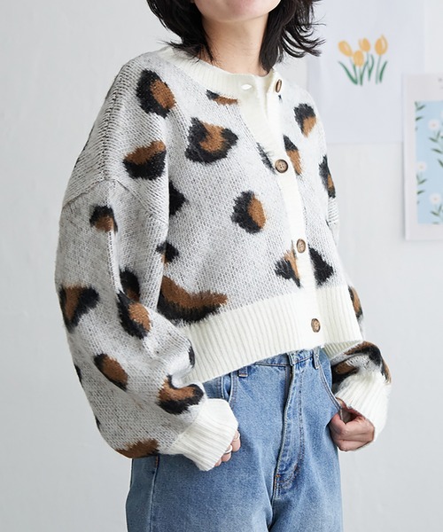 カーディガン ヒョウ柄ショートガーディガン レディース