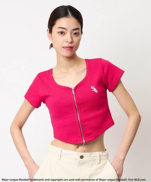 tシャツ 「MLB」ZIP刺繍ロゴリブトップス レディース