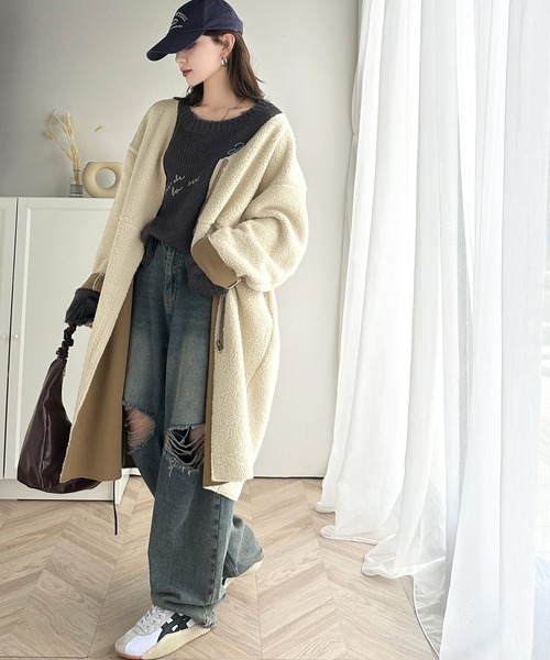 「classicalelf」 ノーカラーコート LARGE モカ レディース_画像3