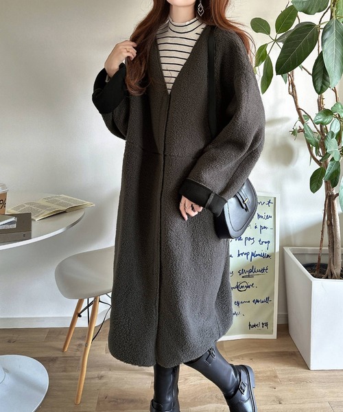 「classicalelf」 ノーカラーコート LARGE モカ レディース_画像7