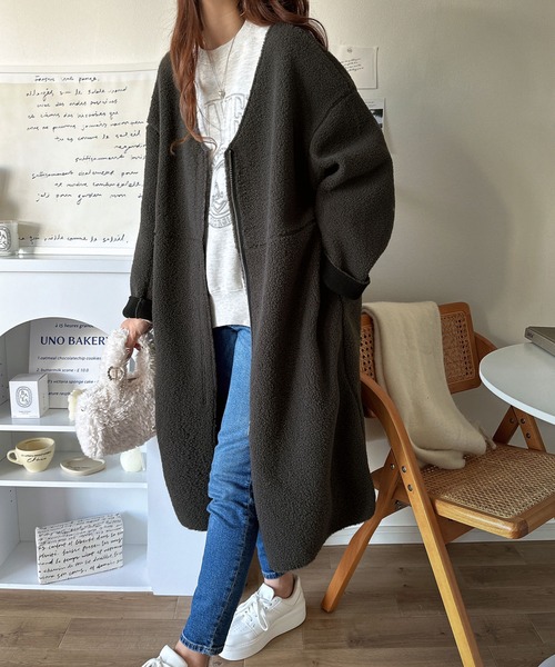 「classicalelf」 ノーカラーコート LARGE モカ レディース_画像9