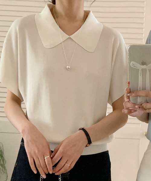 【全3色】パール装飾半袖ニットトップ　アイボリー ピンク ブラック【morin-t4647top】( vdh )(241125) BANICO ニット セーター 丸襟付き半袖ニットトップス レディース