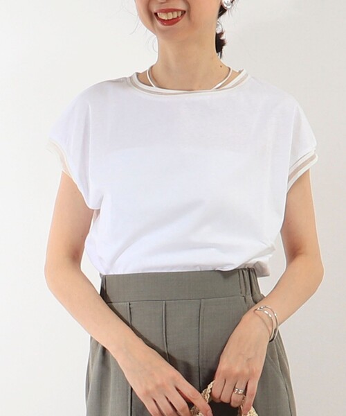 tシャツ リブ部分シアー フレンチスリーブTシャツ レディース