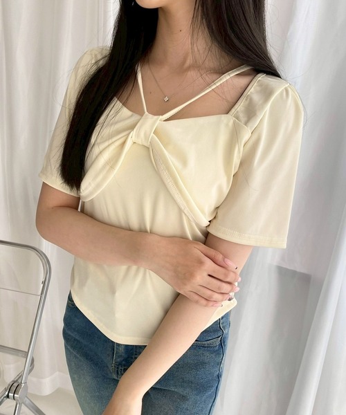 ANMARY リボン付き半袖Tシャツ tシャツ リボンモチーフ半袖Tシャツ レディース : ZOZOTOWN