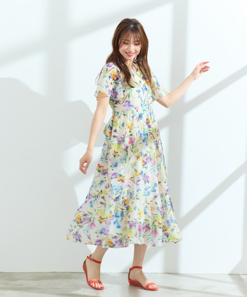 美品★Rose Tiara 水彩風　フラワー　ワンピース Rose Tiara（ローズティアラ） ワンピース 夏 半袖 「手洗い可」水彩