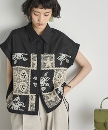刺繍　フレンチ袖ブラウス かぐれ ブラウス シャツ フロント刺繍フレンチブラウス