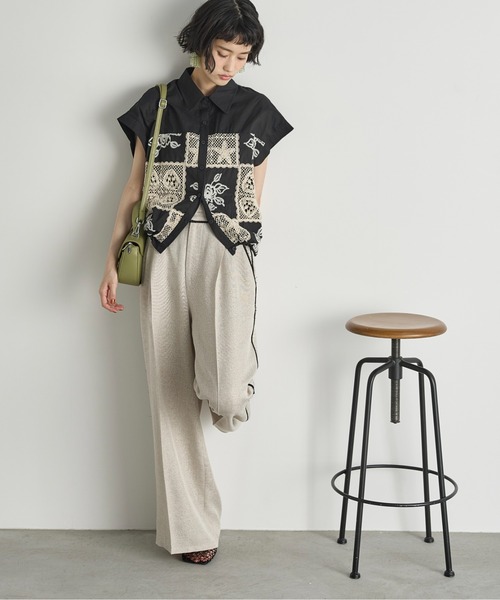 THE Yon ブラウス シャツ パッチワーク刺繍ドロストヘムフレンチ