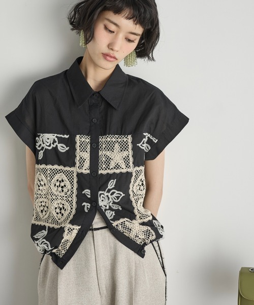 THE Yon ブラウス シャツ パッチワーク刺繍ドロストヘムフレンチ