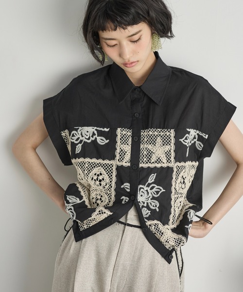 THE Yon ブラウス シャツ パッチワーク刺繍ドロストヘムフレンチ