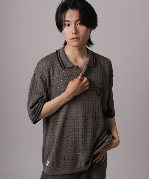 ポロシャツ 「72」ハートモチーフロゴ刺繍 綿タッチ 襟ライン ニット