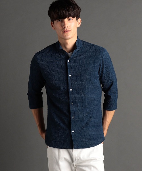 【ネイビー】ロゴグレンチェック柄 ストレッチ 長袖 カラーシャツ (MENS) MONSIEUR NICOLE（ムッシュニコル） シャツ グレンチェックサッカー