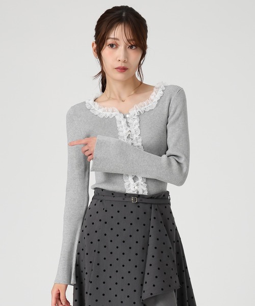 マチャット フリルパッチワークニット ローゲージ クルーネック ゆったり machattフリルパッチワークニット