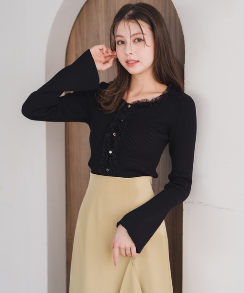 マチャット フリルパッチワークニット ローゲージ クルーネック ゆったり machattフリルパッチワークニット