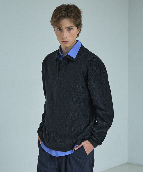アバハウス（ABAHOUSE）/ベロアプリーツ ニットポロシャツ / オーバーサイズ ABAHOUSE（アバハウス） ポロシャツ ベロアプリーツ ニットポロシャツ