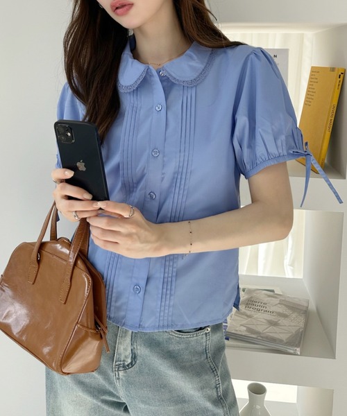 Ada. ブラウス シャツ 丸襟 ピンタックデザイン パフスリーブブラウス