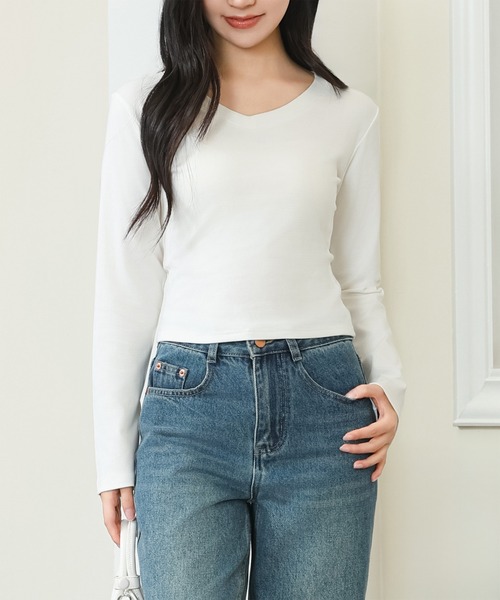 DAYRA tシャツ Vネック ベーシック 長袖 ショート丈 カットソー