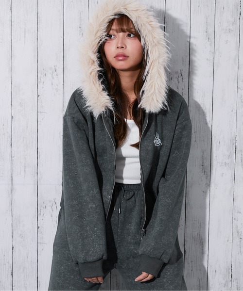 パーカー 「フードファー×ラメ」裏起毛 ジップパーカー バック