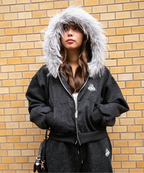 パーカー 「フードファー×ラメ」裏起毛 ジップパーカー バック