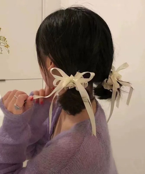 シュシュ 「456717」ホワイトリボンヘアゴム/ヘアアクセ(RZ