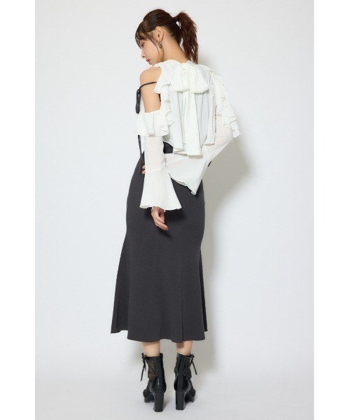 rienda バストフリルシフォンドッキング ニット ワンピース　ブラック rienda（リエンダ）の「バストフリルシフォンドッキングニット