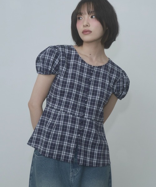 ブラウス シャツ puff sleeve button blouse / パフスリーブボタンブラウス レディースの画像