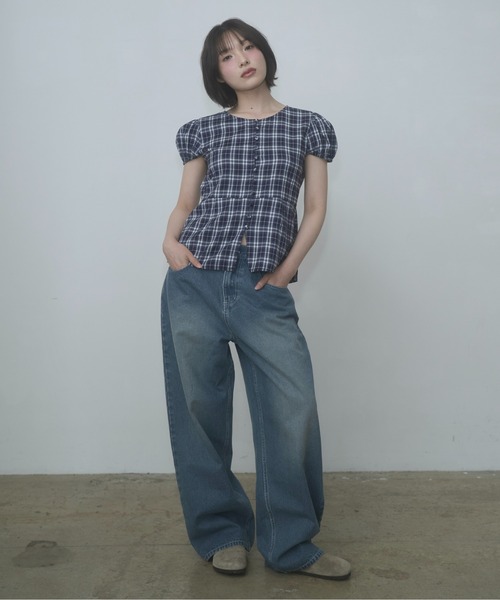 ブラウス シャツ puff sleeve button blouse / パフスリーブボタンブラウス レディースの画像