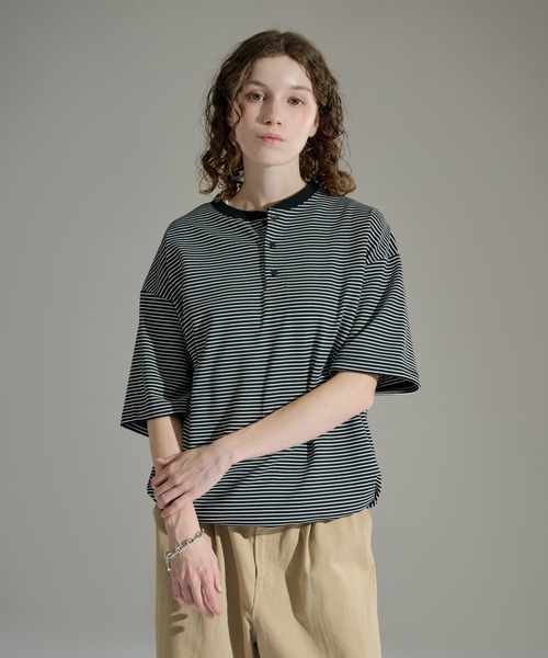 カットソー(長袖/七分) WIDE HENLEY NECK BORDER TOPS Henley Neck Border Tops | HEILIS