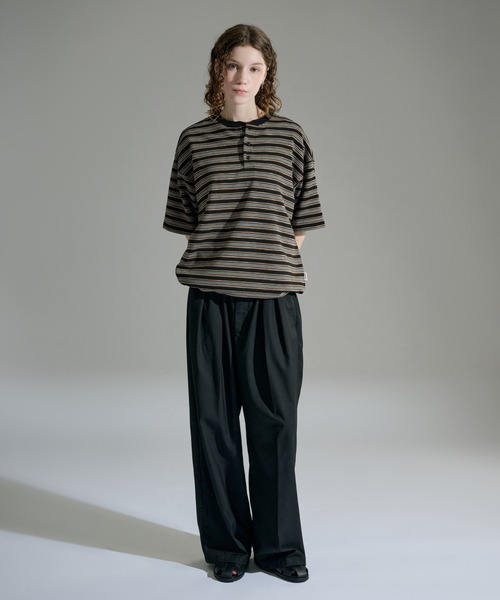 カットソー(長袖/七分) WIDE HENLEY NECK BORDER TOPS WETTEMPT tシャツ HENLEY NECK BORDER S/S TEE / ヘンリーネック