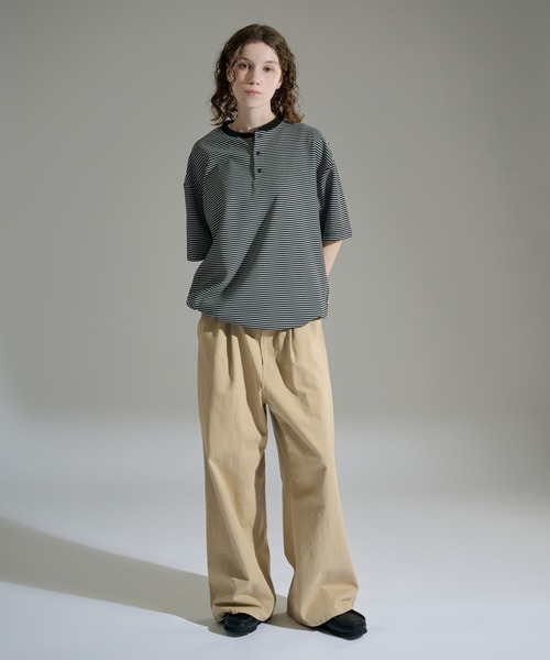 カットソー(長袖/七分) WIDE HENLEY NECK BORDER TOPS Henley Neck Border Tops | HEILIS
