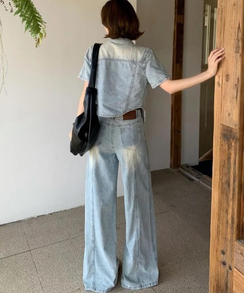 セットアップ 半袖デニムジャケット × ハイウエストワイドデニムパンツ