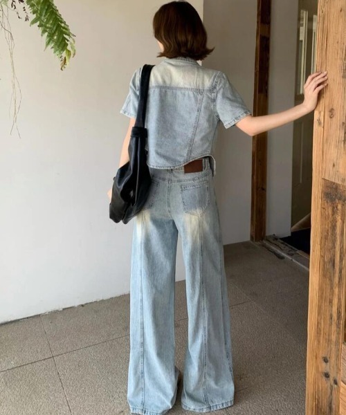 セットアップ 半袖デニムジャケット × ハイウエストワイドデニムパンツ