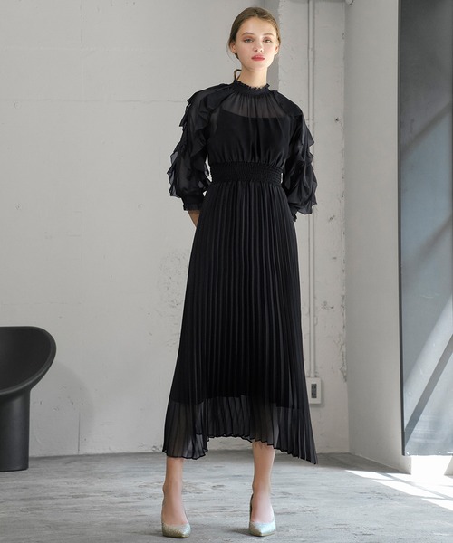 GIRL DRESS FOR NOW ドレス 袖フリルシャーリングプリーツ ロング 結婚