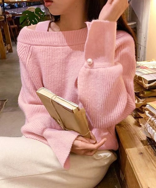 ピンク オフショルダー ニット セーター新品 Dewlily ニット セーター ワンショルダーニット レディース : ZOZOTOWN