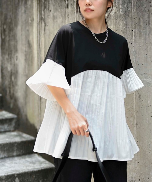 ＆HALF tシャツ プリーツフレア切替トップス レディース