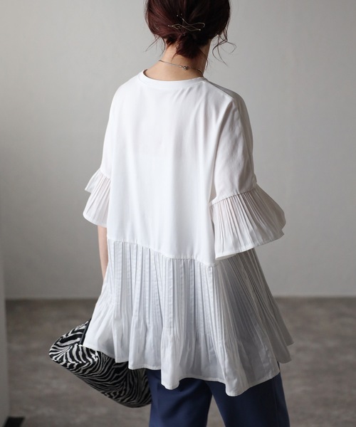 ＆HALF tシャツ プリーツフレア切替トップス レディース : ZOZOTOWN