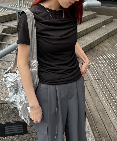 tシャツ ギャザーデザインシアートップス / アイボリー レディース I-SOOK tシャツ 「ISOOK / アイスー」ギャザーデザインシアーT