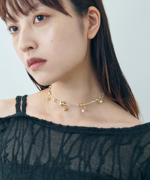 ゴールド メタル・リボン＆パール付き ペンダントネックレス ネックレス、ペンダント（モチーフ：リボン）｜レディース