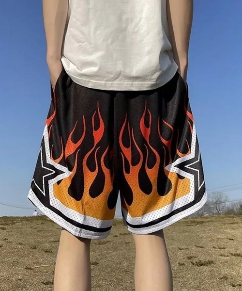 TOWNCRAFT PENNY’S メンズL ハーフパンツ　フレイム　ファイヤー パンツ 「WARAIJOGO（ワライジョーゴ）」ファイヤーパターン