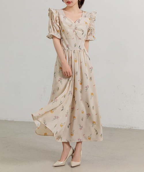 DAY CLOSET ワンピース レディース 花柄シアーパフスリーブ