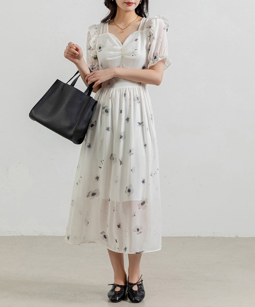 DAY CLOSET ワンピース レディース 花柄シアーパフスリーブ