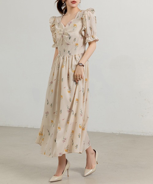DAY CLOSET ワンピース レディース 花柄シアーパフスリーブ