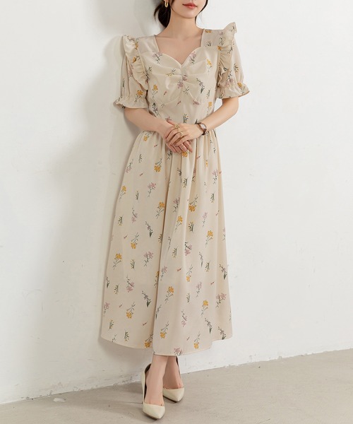 DAY CLOSET ワンピース レディース 花柄シアーパフスリーブ